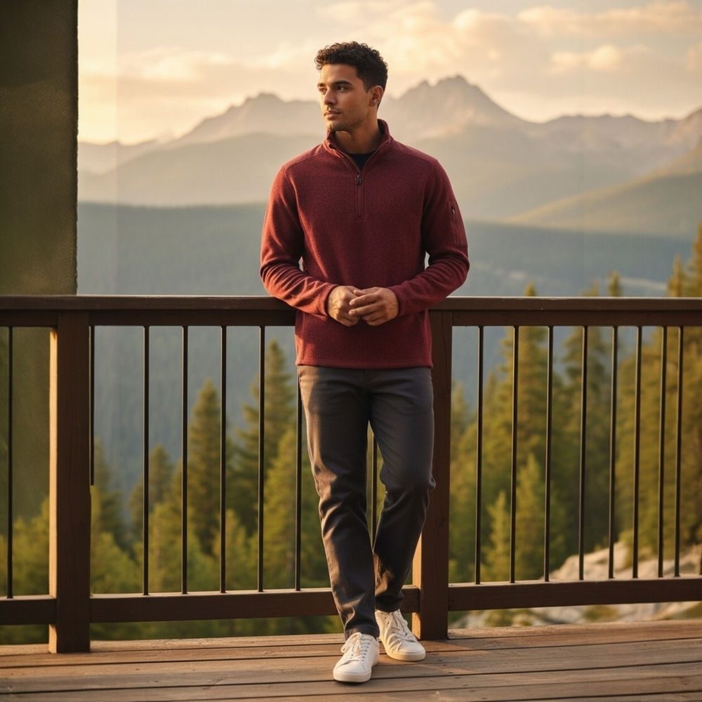 Eddie Bauer Men’s Burgundy Heather Fleece-Lined Quarter-Zip Pullover - Size L - Picture 3 of 4